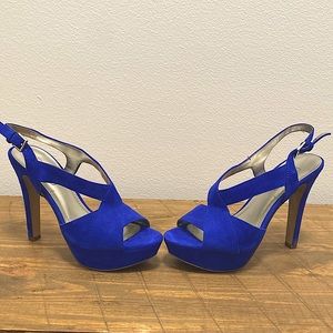 BCBG blue suede platform sandals